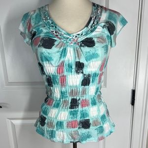 DKNY Jeans Size S Braided V Neck Teal Color Block Elastic Waist Short Sleeve Top